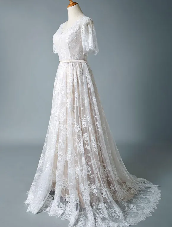 Simple Wedding Dress 2026 V Neck A Line Short Sleeve Deep V Backless Lace Bridal Gowns