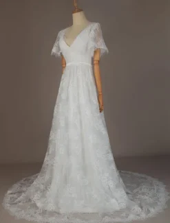 Simple Wedding Dress 2026 V Neck A Line Short Sleeve Deep V Backless Lace Bridal Gowns