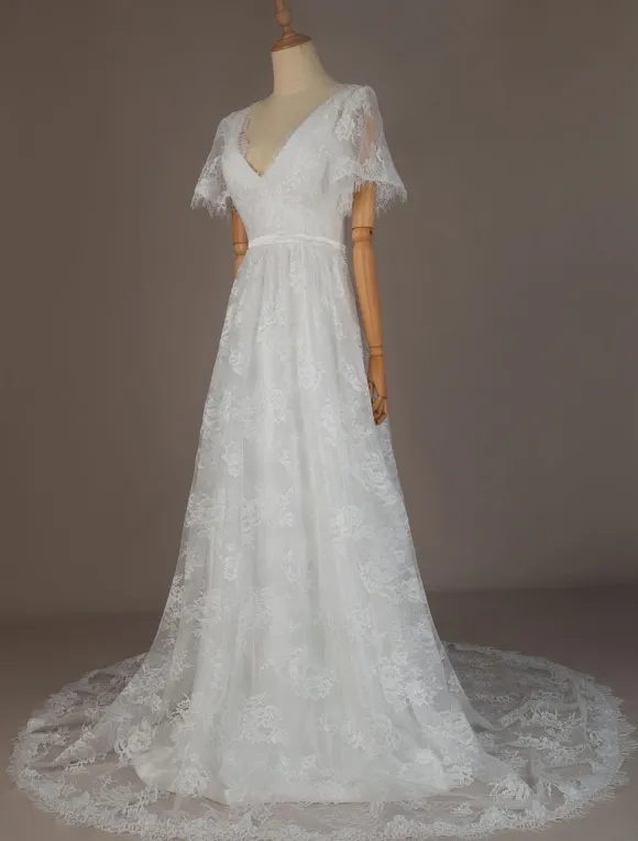 Simple Wedding Dress 2026 V Neck A Line Short Sleeve Deep V Backless Lace Bridal Gowns