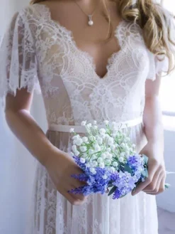 Simple Wedding Dress 2026 V Neck A Line Short Sleeve Deep V Backless Lace Bridal Gowns