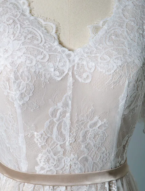 Simple Wedding Dress 2026 V Neck A Line Short Sleeve Deep V Backless Lace Bridal Gowns