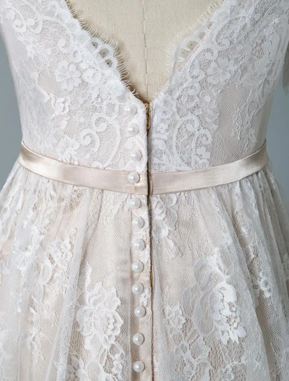 Simple Wedding Dress 2026 V Neck A Line Short Sleeve Deep V Backless Lace Bridal Gowns
