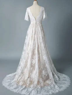 Simple Wedding Dress 2026 V Neck A Line Short Sleeve Deep V Backless Lace Bridal Gowns