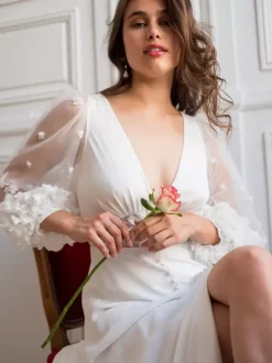 Simple Wedding Dress V-Neck Long Sleeves With Train Tulle Bridal Dresses