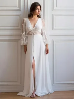 Simple Wedding Dress V-Neck Long Sleeves With Train Tulle Bridal Dresses