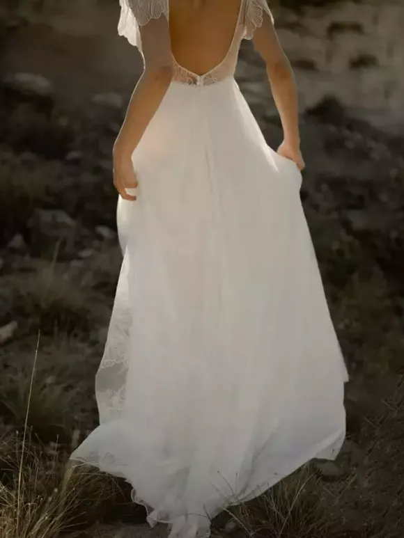 Simple Wedding Dress V-Neck Short Sleeves With Train Lace Bridal Dresses