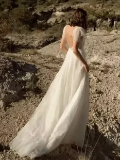 Simple Wedding Dress V-Neck Short Sleeves With Train Lace Bridal Dresses