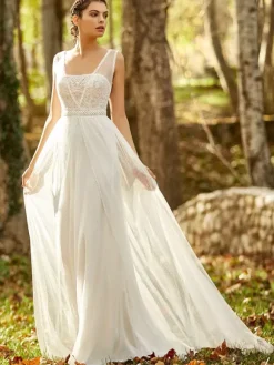 Simple Wedding Dress White Lace Square Neckline Sleeveless Backless Lace A-Line Bridal Gowns Free Customization