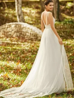 Simple Wedding Dress White Lace Square Neckline Sleeveless Backless Lace A-Line Bridal Gowns Free Customization