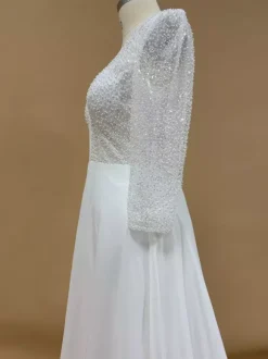 Simple Wedding Dress With Train Ball Gown 3/4 Length Sleeves Lace V-Neck Bridal Dresses