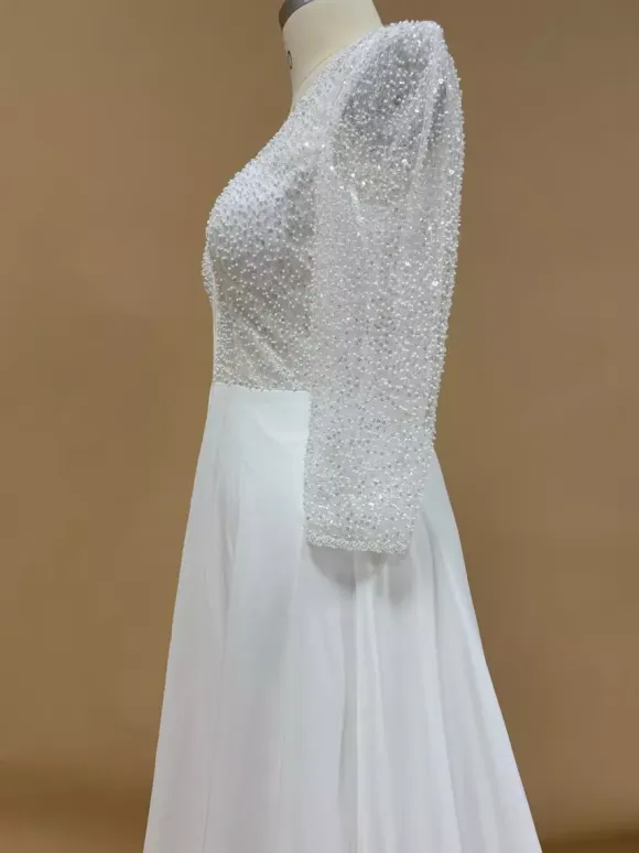 Simple Wedding Dress With Train Ball Gown 3/4 Length Sleeves Lace V-Neck Bridal Dresses