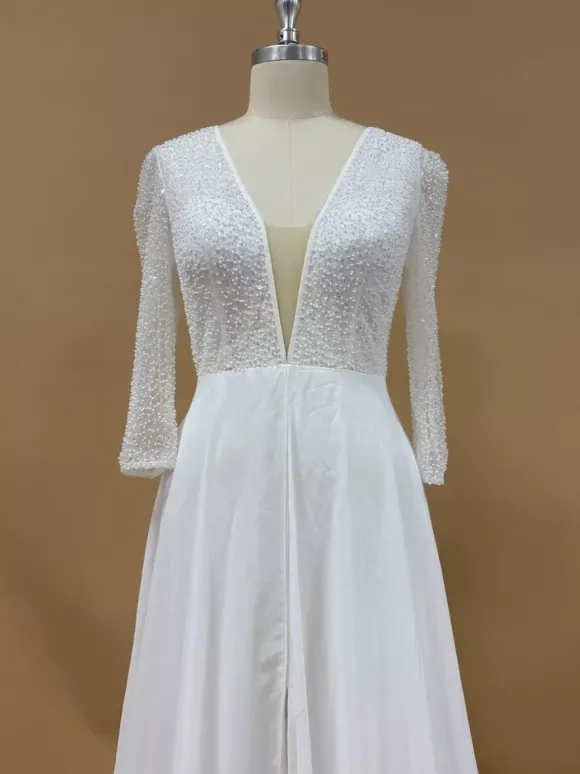 Simple Wedding Dress With Train Ball Gown 3/4 Length Sleeves Lace V-Neck Bridal Dresses