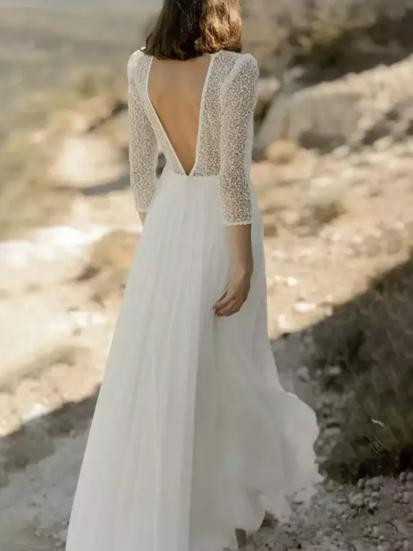 Simple Wedding Dress With Train Ball Gown 3/4 Length Sleeves Lace V-Neck Bridal Dresses
