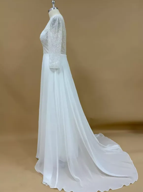 Simple Wedding Dress With Train Ball Gown 3/4 Length Sleeves Lace V-Neck Bridal Dresses
