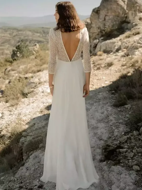 Simple Wedding Dress With Train Ball Gown 3/4 Length Sleeves Lace V-Neck Bridal Dresses