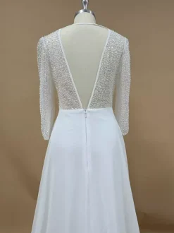 Simple Wedding Dress With Train Ball Gown 3/4 Length Sleeves Lace V-Neck Bridal Dresses