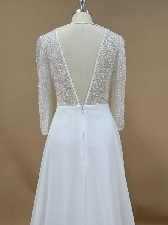Simple Wedding Dress With Train Ball Gown 3/4 Length Sleeves Lace V-Neck Bridal Dresses