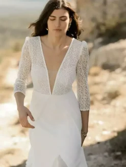 Simple Wedding Dress With Train Ball Gown 3/4 Length Sleeves Lace V-Neck Bridal Dresses
