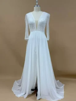 Simple Wedding Dress With Train Ball Gown 3/4 Length Sleeves Lace V-Neck Bridal Dresses
