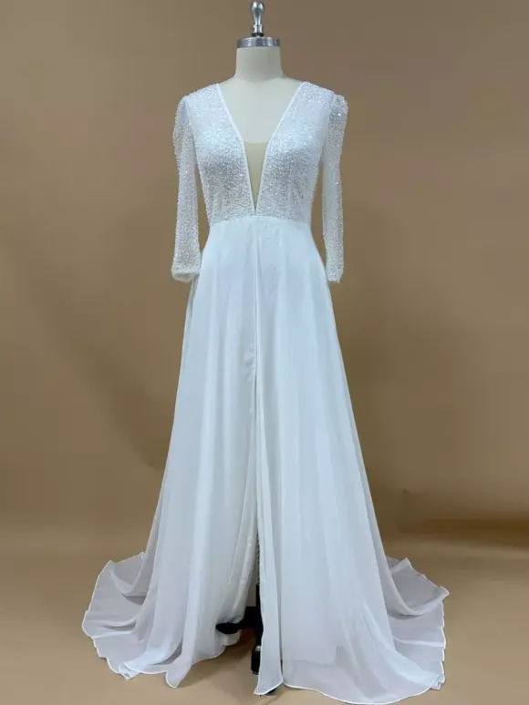 Simple Wedding Dress With Train Ball Gown 3/4 Length Sleeves Lace V-Neck Bridal Dresses
