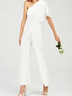 Simple Wedding Jumpsuits Ivory One Shoulder Culottes Bridal Dress