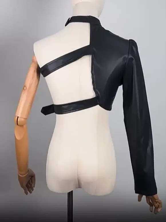 Single Long Sleeve Faux Leather Crop Top Choker Harness Strap Cutout Back Club Tops