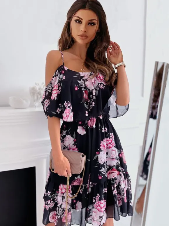 Skater Dresses Floral Print Straps Neck Pink Sexy Half Sleeves Fit And Flare Dress