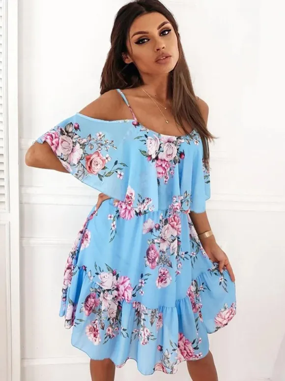 Skater Dresses Floral Print Straps Neck Pink Sexy Half Sleeves Fit And Flare Dress