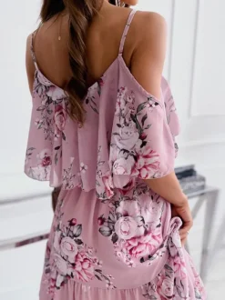 Skater Dresses Floral Print Straps Neck Pink Sexy Half Sleeves Fit And Flare Dress