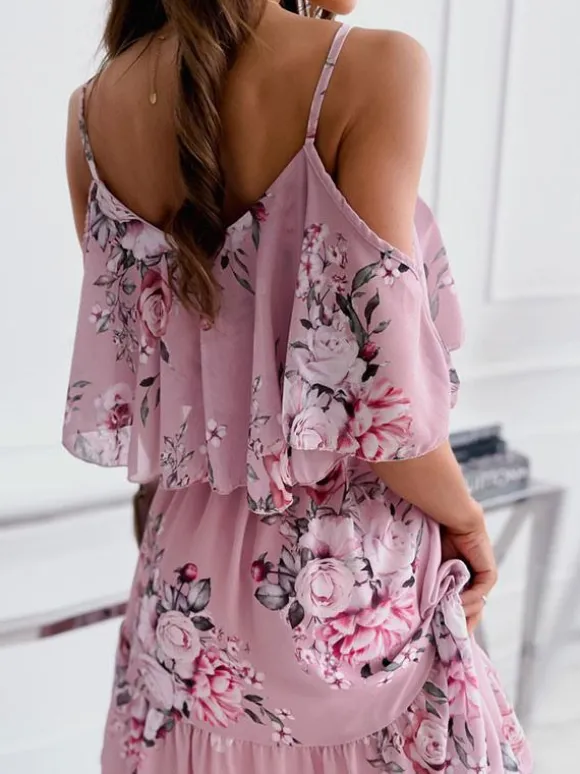Skater Dresses Floral Print Straps Neck Pink Sexy Half Sleeves Fit And Flare Dress