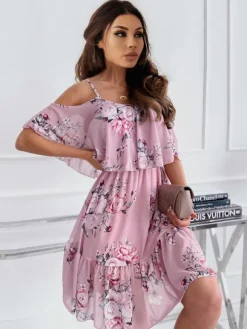 Skater Dresses Floral Print Straps Neck Pink Sexy Half Sleeves Fit And Flare Dress