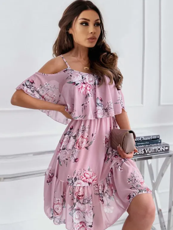 Skater Dresses Floral Print Straps Neck Pink Sexy Half Sleeves Fit And Flare Dress