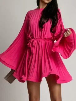 Skater Dress Boatneck Flared Sleeves Belted Office Casual Short Dress