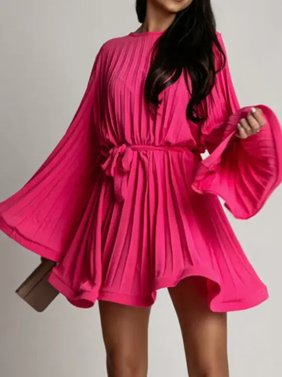 Skater Dress Boatneck Flared Sleeves Belted Office Casual Short Dress