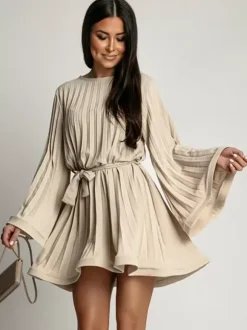 Skater Dress Boatneck Flared Sleeves Belted Office Casual Short Dress