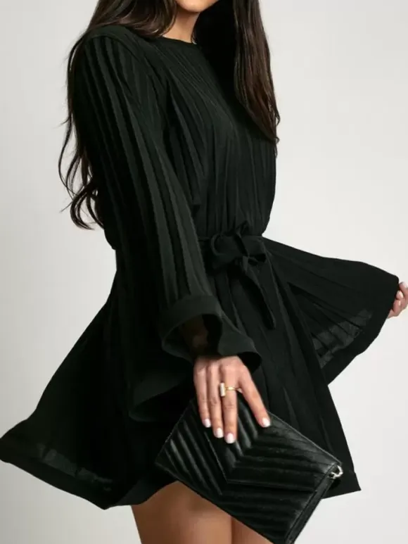 Skater Dress Boatneck Flared Sleeves Belted Office Casual Short Dress