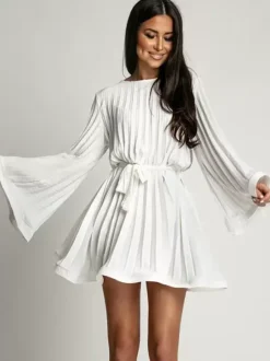 Skater Dress Boatneck Flared Sleeves Belted Office Casual Short Dress