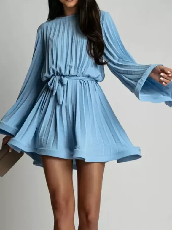 Skater Dress Boatneck Flared Sleeves Belted Office Casual Short Dress