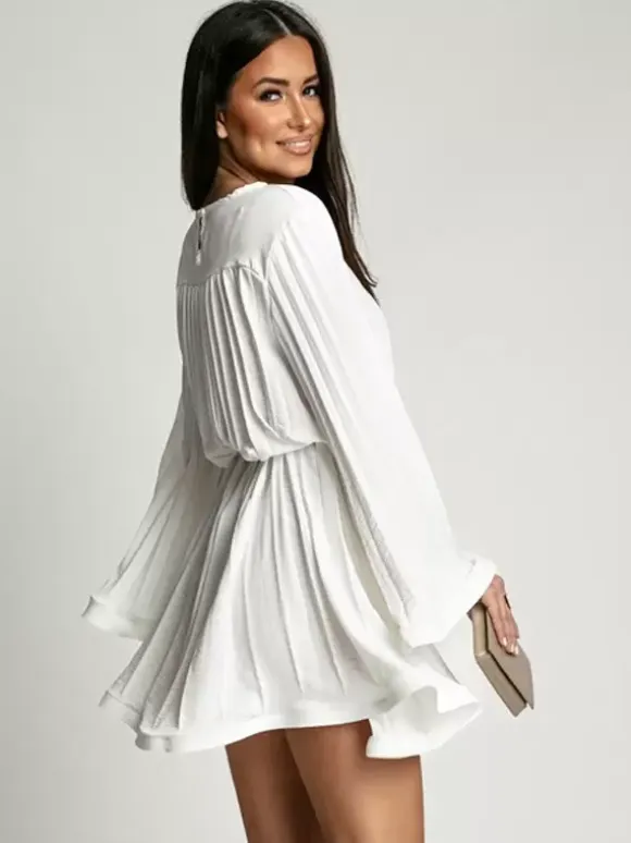 Skater Dress Boatneck Flared Sleeves Belted Office Casual Short Dress