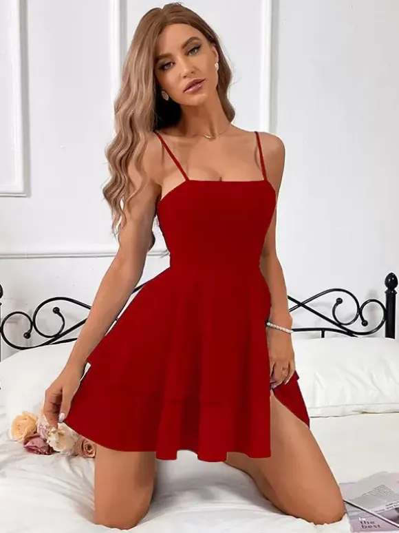 Skater Dresses Spaghetti Straps Layered Flared Mini Dresses In Burgundy