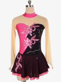 Skating Dress Red Floral Beading Ruffle Lycra Spandex Dance Costumes