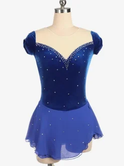 Skating Dress Royal Blue Beading Sheer Ruffle Velvet Dance Costumes