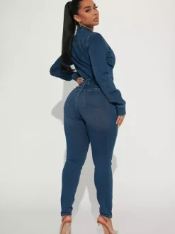 Skinny Denim Jumpsuit For Women - Dark Wash Sexy Bodycon Drawstring Waist Slim Fit Jean Romper - Spring Casual Club 2026