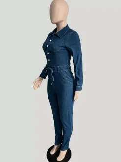 Skinny Denim Jumpsuit For Women - Dark Wash Sexy Bodycon Drawstring Waist Slim Fit Jean Romper - Spring Casual Club 2026