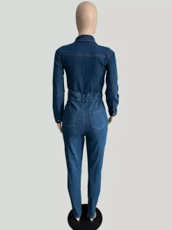 Skinny Denim Jumpsuit For Women - Dark Wash Sexy Bodycon Drawstring Waist Slim Fit Jean Romper - Spring Casual Club 2026