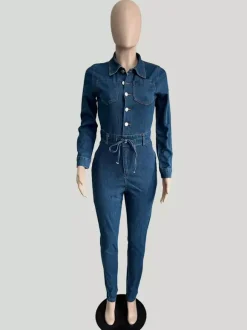Skinny Denim Jumpsuit For Women - Dark Wash Sexy Bodycon Drawstring Waist Slim Fit Jean Romper - Spring Casual Club 2026
