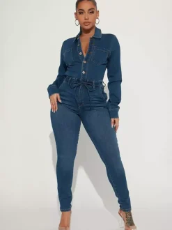 Skinny Denim Jumpsuit For Women - Dark Wash Sexy Bodycon Drawstring Waist Slim Fit Jean Romper - Spring Casual Club 2026