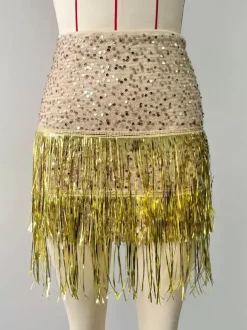 Skirt Clubwear Sequins Chic Fringe Gold Short Skirt