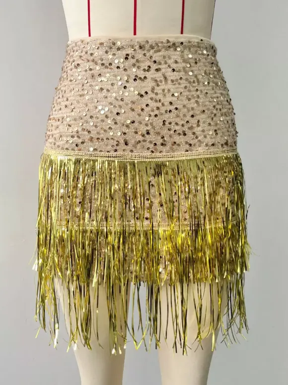 Skirt Clubwear Sequins Chic Fringe Gold Short Skirt
