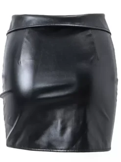 Skirt For Women Black Metal Details PU Leather Short Women Bottoms